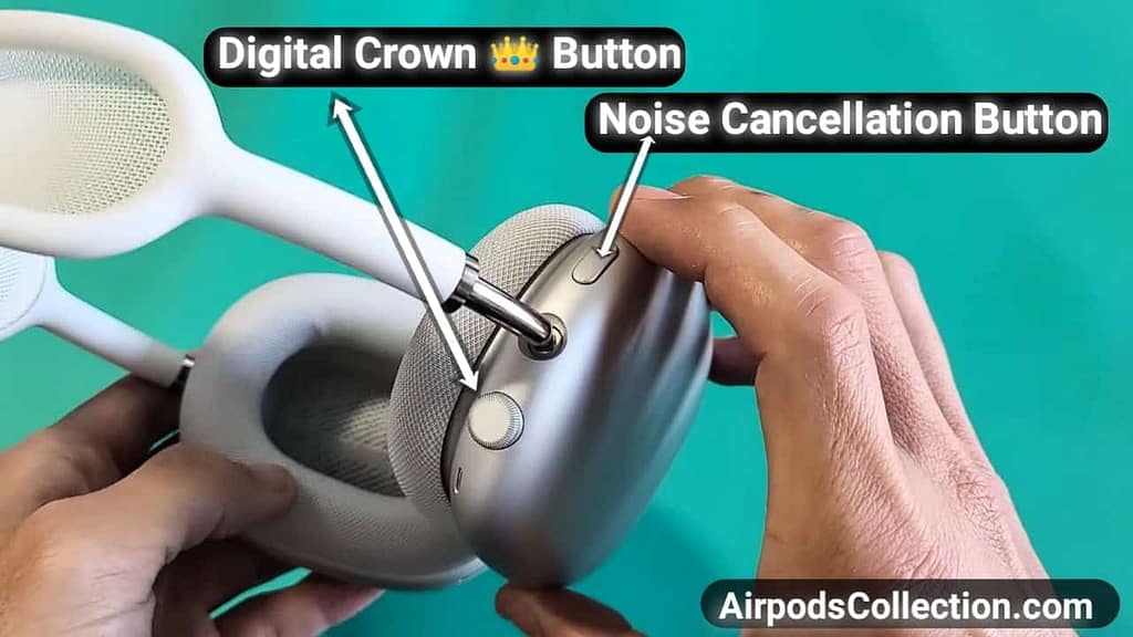 Force restart your AirPods Max, Airpods Max Digital Crown Button and Noise Cancellation Button 